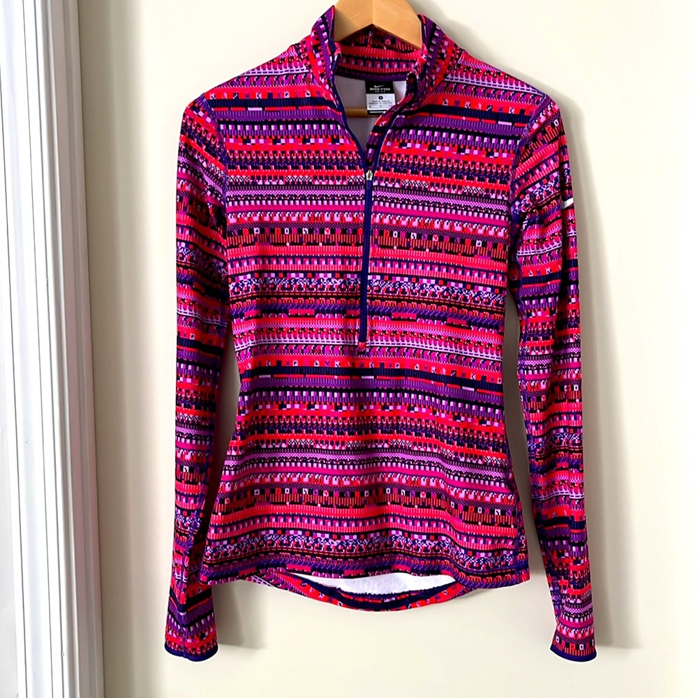 Nike Pro Dri-Fit fleece Zip Pullover Top Small Geometric Purple Red